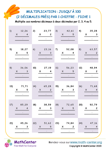 Multiplication : jusqu'à 100 (2 décimales près) par 1 digit sheet 1