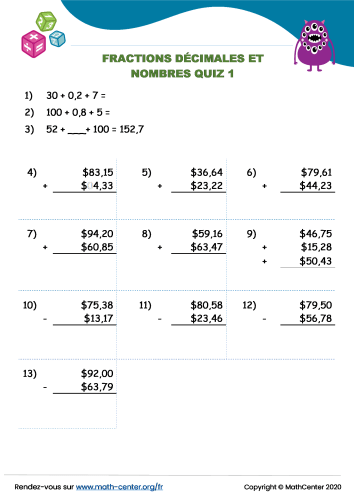 Fractions décimales et nombres quiz 1
