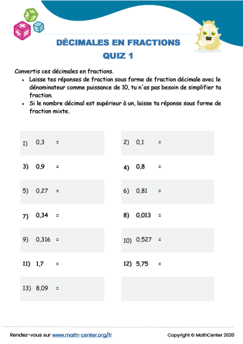 Décimales en fractions quiz 1