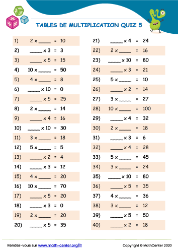 Tables de multiplication quiz 5
