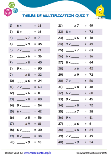 Tables de multiplication quiz 7