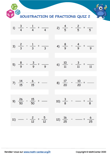 Soustraction de fractions quiz 2