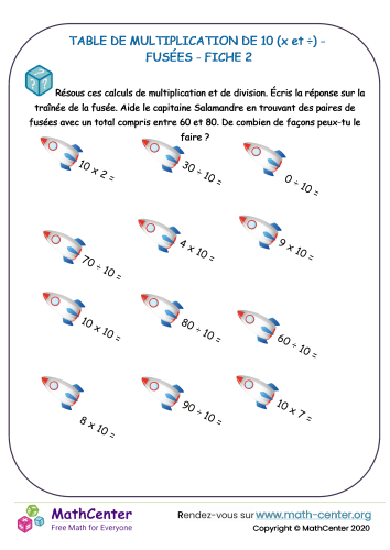10 tables de multiplication - fusée fiche 2 (x et ÷)