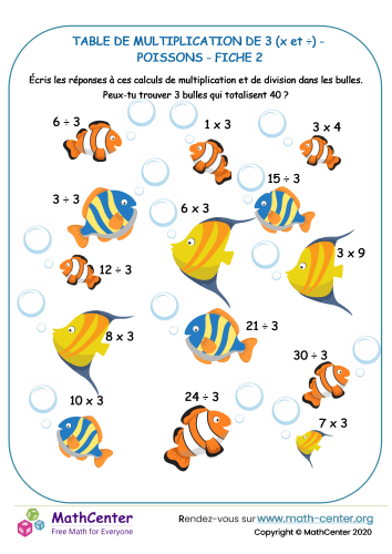 3 tables de multiplication - poisson fiche 2 (x et ÷)