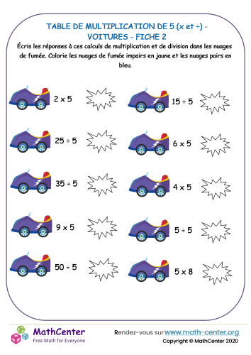 5 tables de multiplication - voiture fiche 2 (x et ÷)