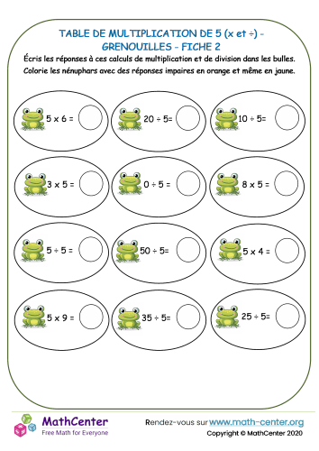 5 tables de multiplication - grenouille fiche 2 (x et ÷)