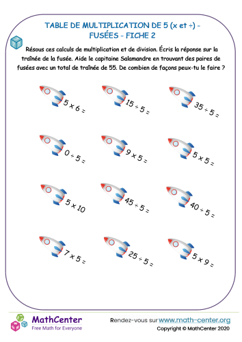 5 tables de multiplication - fusée fiche 2 (x et ÷)