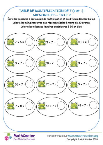 7 tables de multiplication - grenouille fiche 2 (x et ÷)