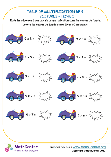 9 tables de multiplication - voiture fiche 1