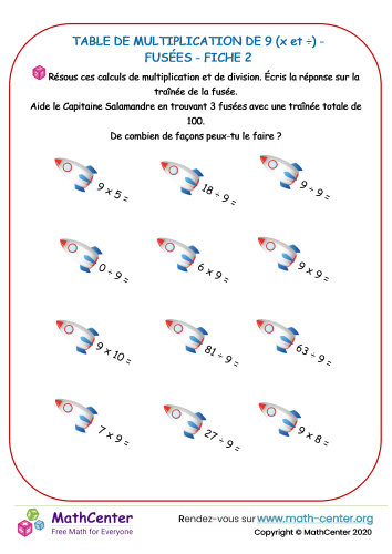 9 tables de multiplication - fusée fiche 2 (x et ÷)
