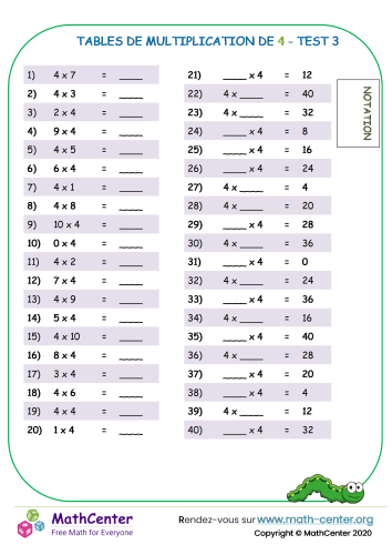 4 tables de multiplication - test 3