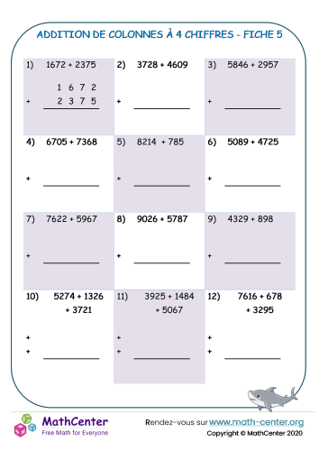 Addition de colonnes à 4 chiffres fiche 5
