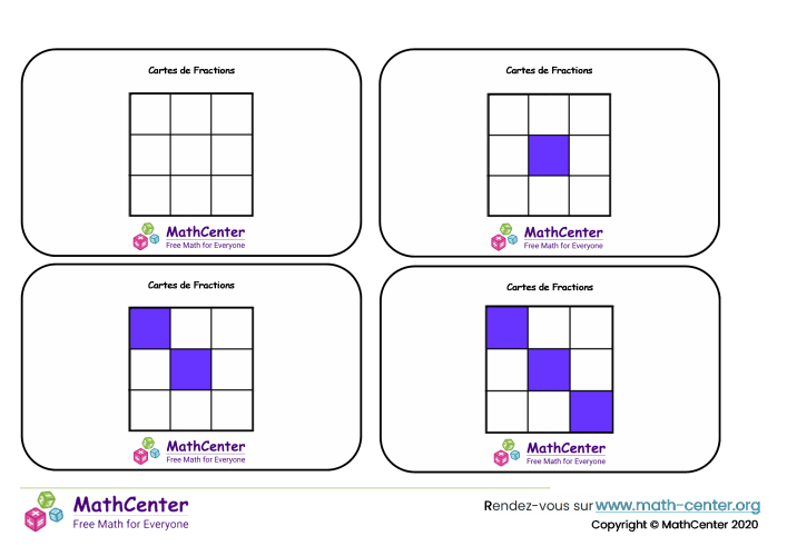 Fractions - cartes avec réponses - neuvièmes (carrés)