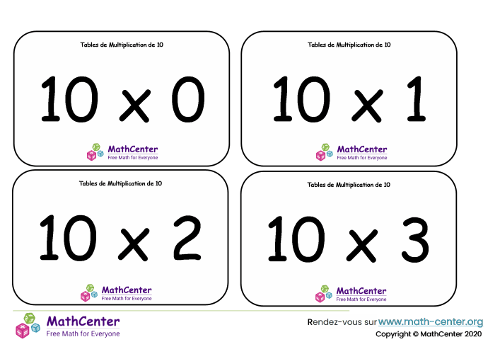 10 tables de multiplication - cartes avec réponses