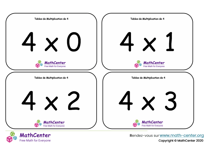 4 tables de multiplication - cartes avec réponses