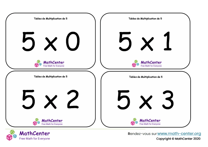 5 tables de multiplication - cartes avec réponses