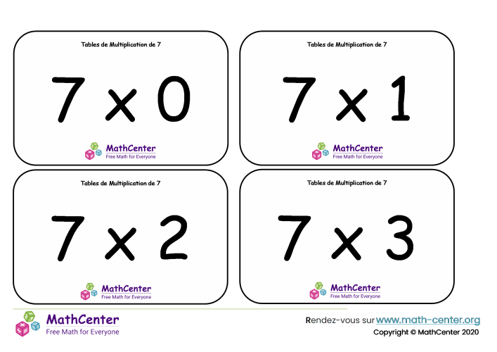 7 tables de multiplication - cartes avec réponses