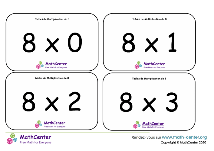 8 tables de multiplication - cartes avec réponses