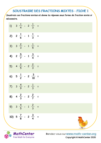 Soustraire des fractions mixtes - fiche 1