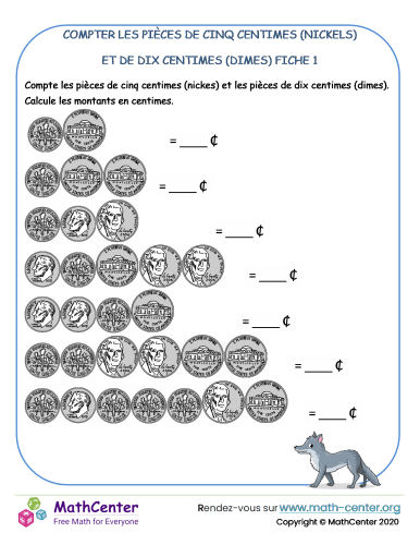 Compter les pièces de cinq centimes (nickels) et de dix centimes (dimes) fiche 1