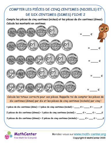 Compter les pièces de cinq centimes (nickels) et de dix centimes (dimes) fiche 2