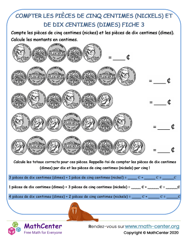 Compter les pièces de cinq centimes (nickels) et de dix centimes (dimes) fiche 3