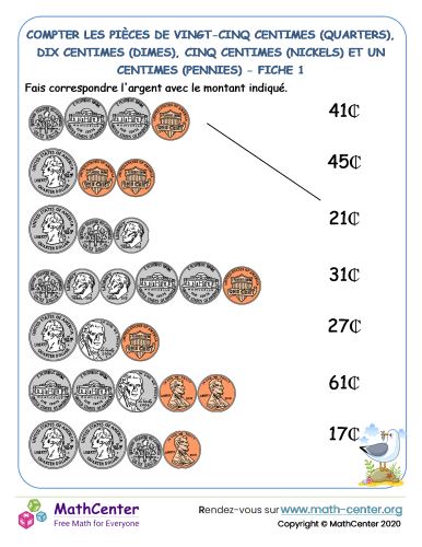 Compter les pièces de vingt-cing centimes (quarters), dix centimes (dimes), cinq centimes (nickels) et un centime (pennies) fiche 1