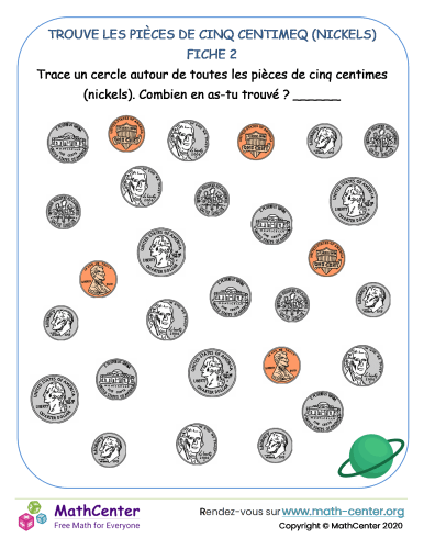 Trouve les pièces de cinq centimeq (nickels) fiche 2