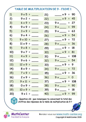 9 tables de multiplication fiche 1