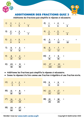 Additionner des fractions quiz 3