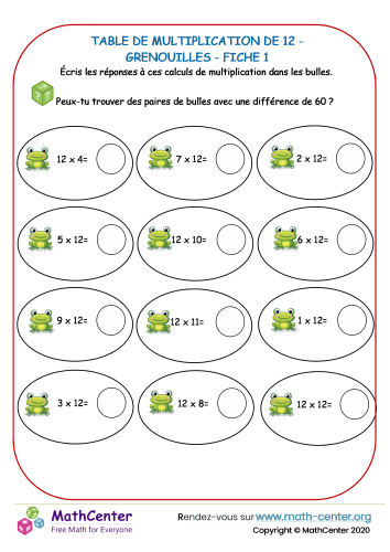 12 tables de multiplication - grenouille fiche 1