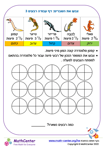 צבעו את השברים: דף עבודה רבעים 3