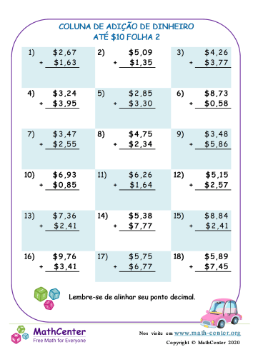 Adição De Coluna Dinheiro Eua Até $10, Folha 2