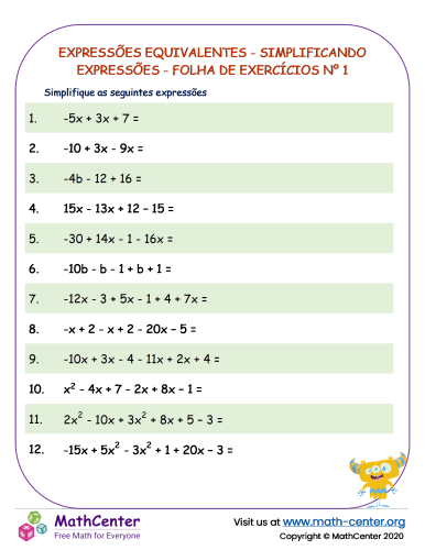 Expressões Equivalentes - Simplificando Expressões - Folha De Exercícios Nº 1