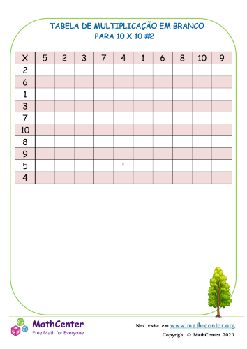 Tabela De Multiplicação Em Branco Para 10 X 10 # 2