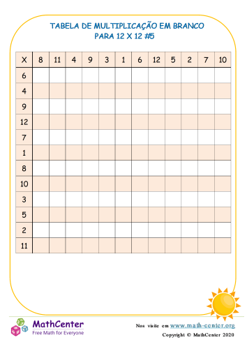 Tabela De Multiplicação Em Branco Para 12 X 12 # 5