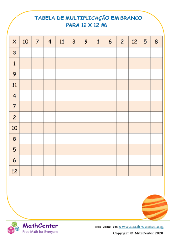 Tabela De Multiplicação Em Branco Para 12 X 12 # 6