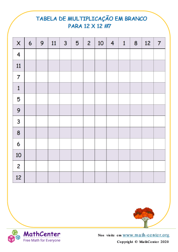 Tabela De Multiplicação Em Branco Para 12 X 12 # 7