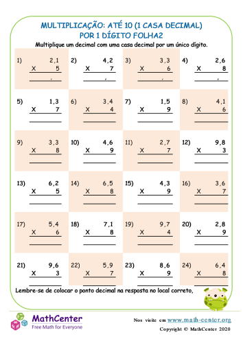Multiplicação: Até 10 (Casa Decimal 1) Por Dígitos 1 Folha2