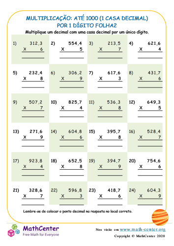 Multiplicação: Até 1000 (Casa Decimal 1) Por Dígitos 1 Folha2