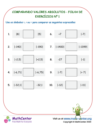 Comparando Valores Absolutos - Folha De Exercícios Nº 1