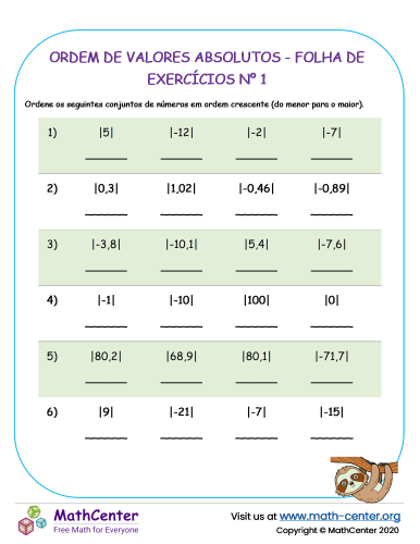 Ordem De Valores Absolutos - Folha De Exercícios Nº 1