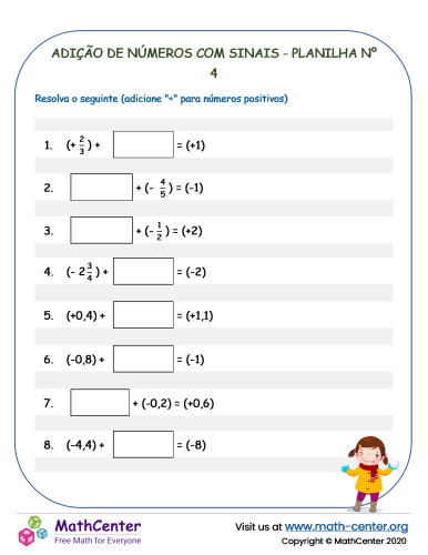 Adição De Números Com Sinais - Planilha Nº 4