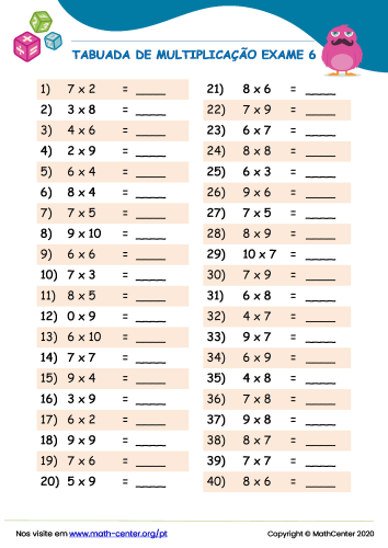 Tabuada De Multiplicação Exame 6