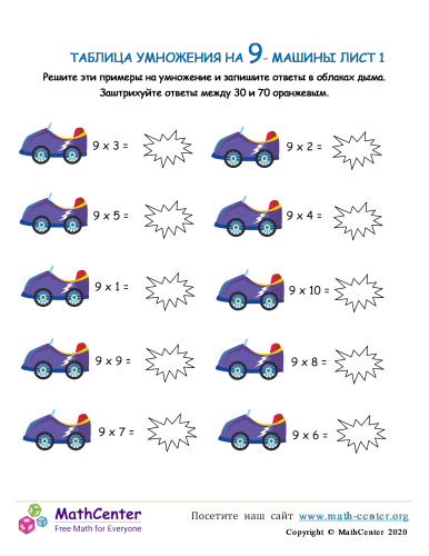 Таблица Умножения На 9 - Машины Лист 1