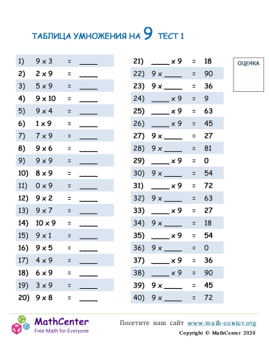 Таблица Умножения На 9 - Тест 1